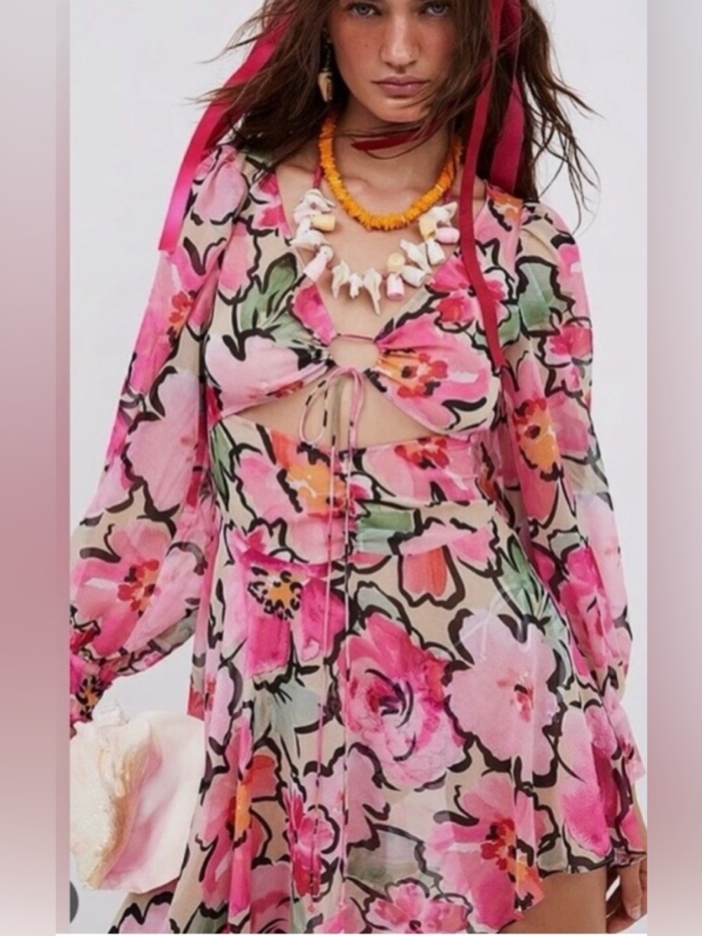 NWT For Love & Lemons Tiana Printed Floral Sheer Cut Out Midi Dress Size XS